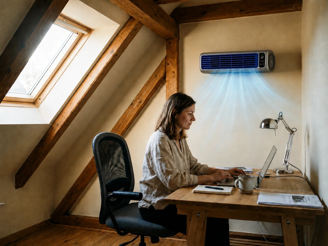Le Froza AC dans le bureau sous combles de Léa — travailler à 24 °C alors qu'il fait 33 °C dehors