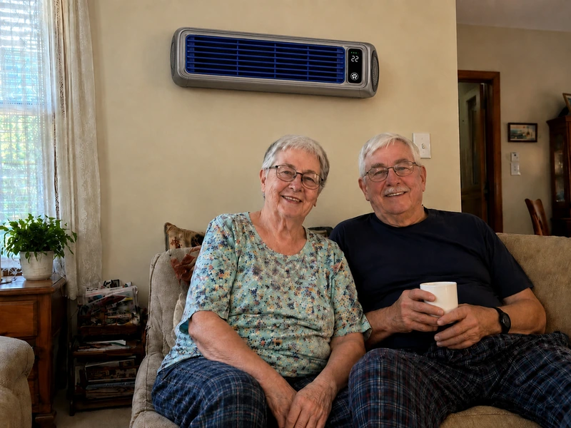 Couple de seniors dans leur salon avec un Froza AC fixé au mur