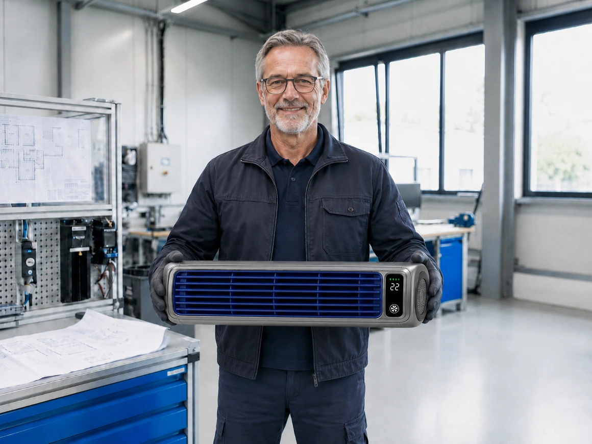 Schéma de la circulation d'air du Froza AC — l'air chaud entre, traverse les chambres de refroidissement, l'air frais ressort